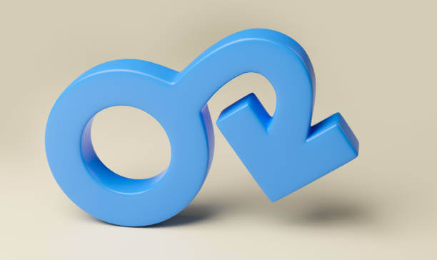 Impotence, sex problem for men. Male gender symbol with dangling arrow. 3d render.